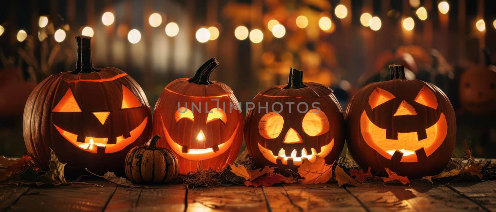 Four intricately carved pumpkins display cheerful faces, glowing warmly against a backdrop of autumn leaves and soft fairy lights, creating a festive atmosphere for the season.