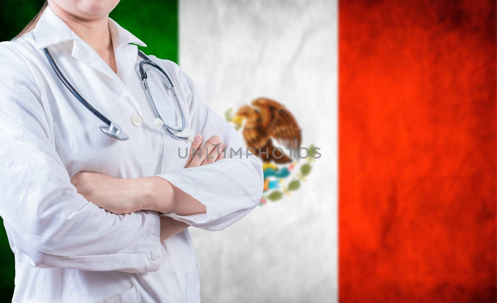 Doctor with arms crossed on Mexico flag background. Doctor with stethoscope on Mexican flag. Medical health and care on Mexican flag