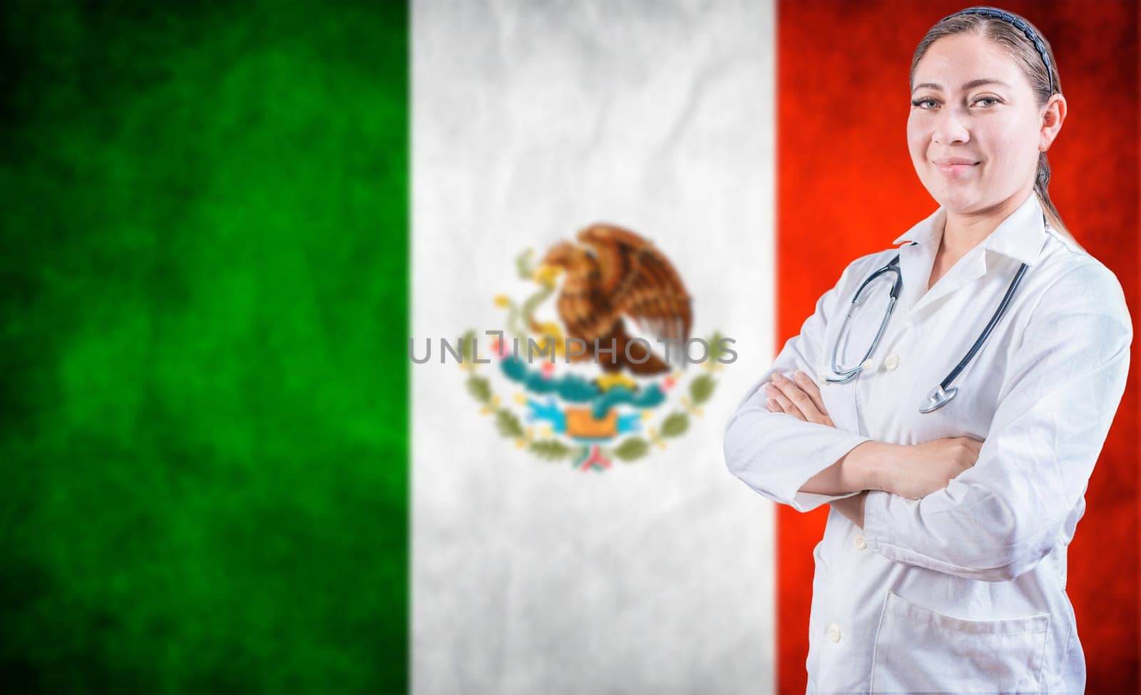 Smiling female doctor with arms crossed on Mexico flag background. Doctor with stethoscope on Mexican flag. Medical health and care on Mexican flag
