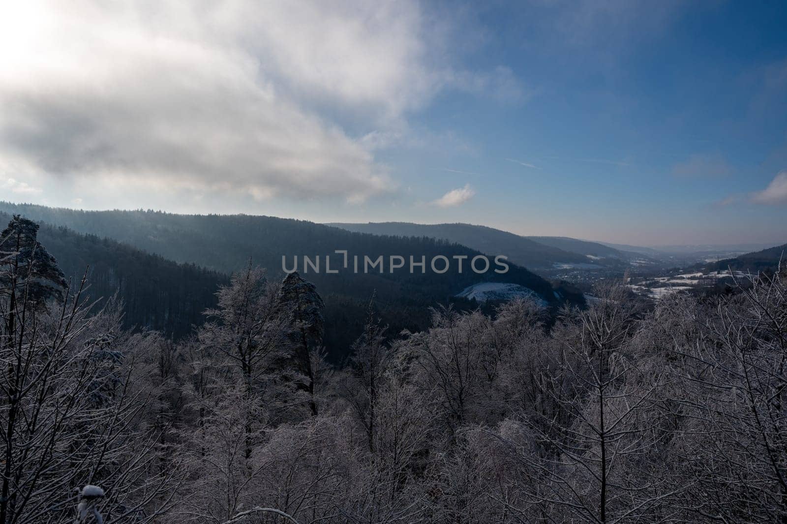 View of a landscape with snow and forest