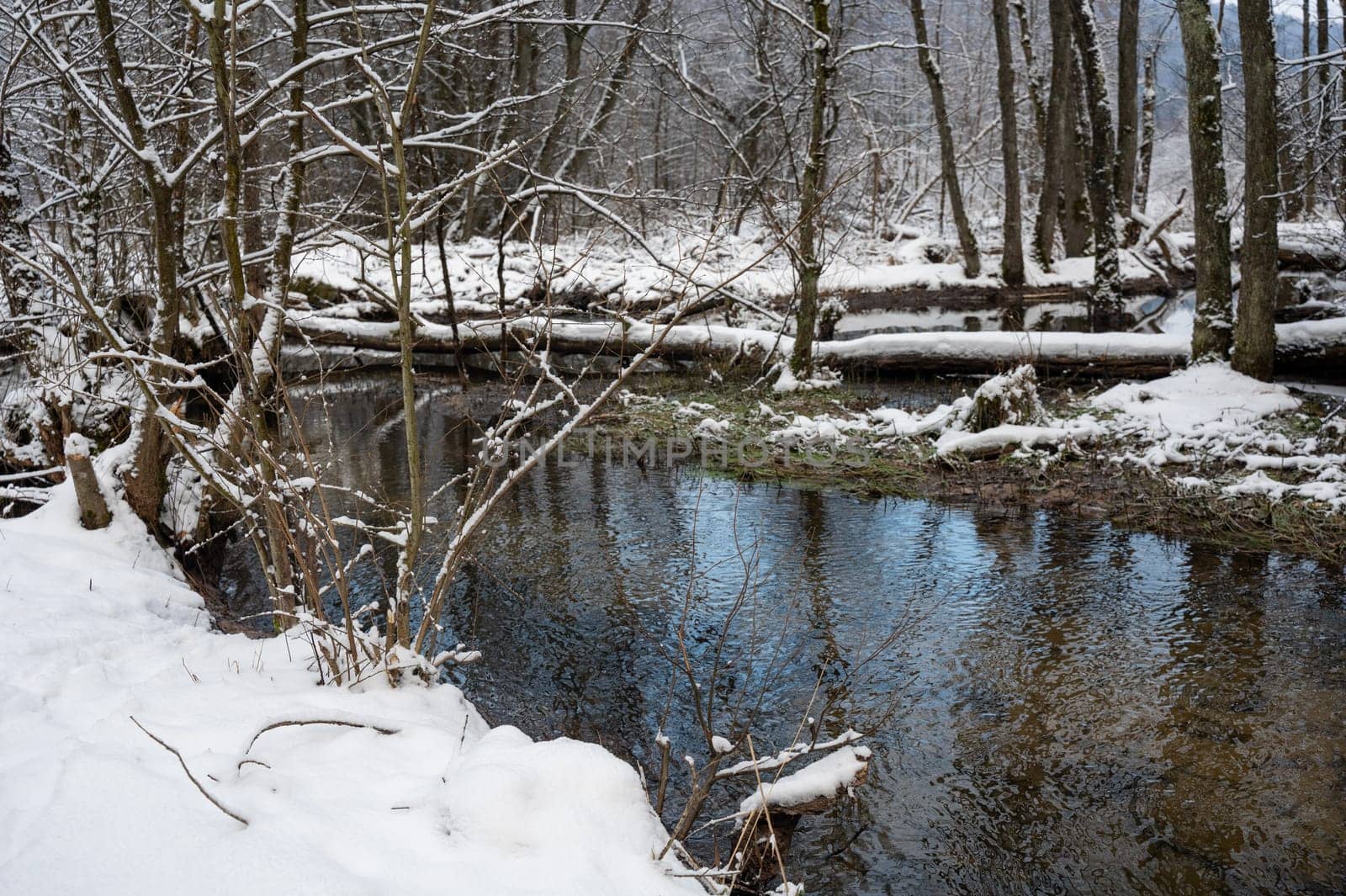 Winter landscape on a small river with snow