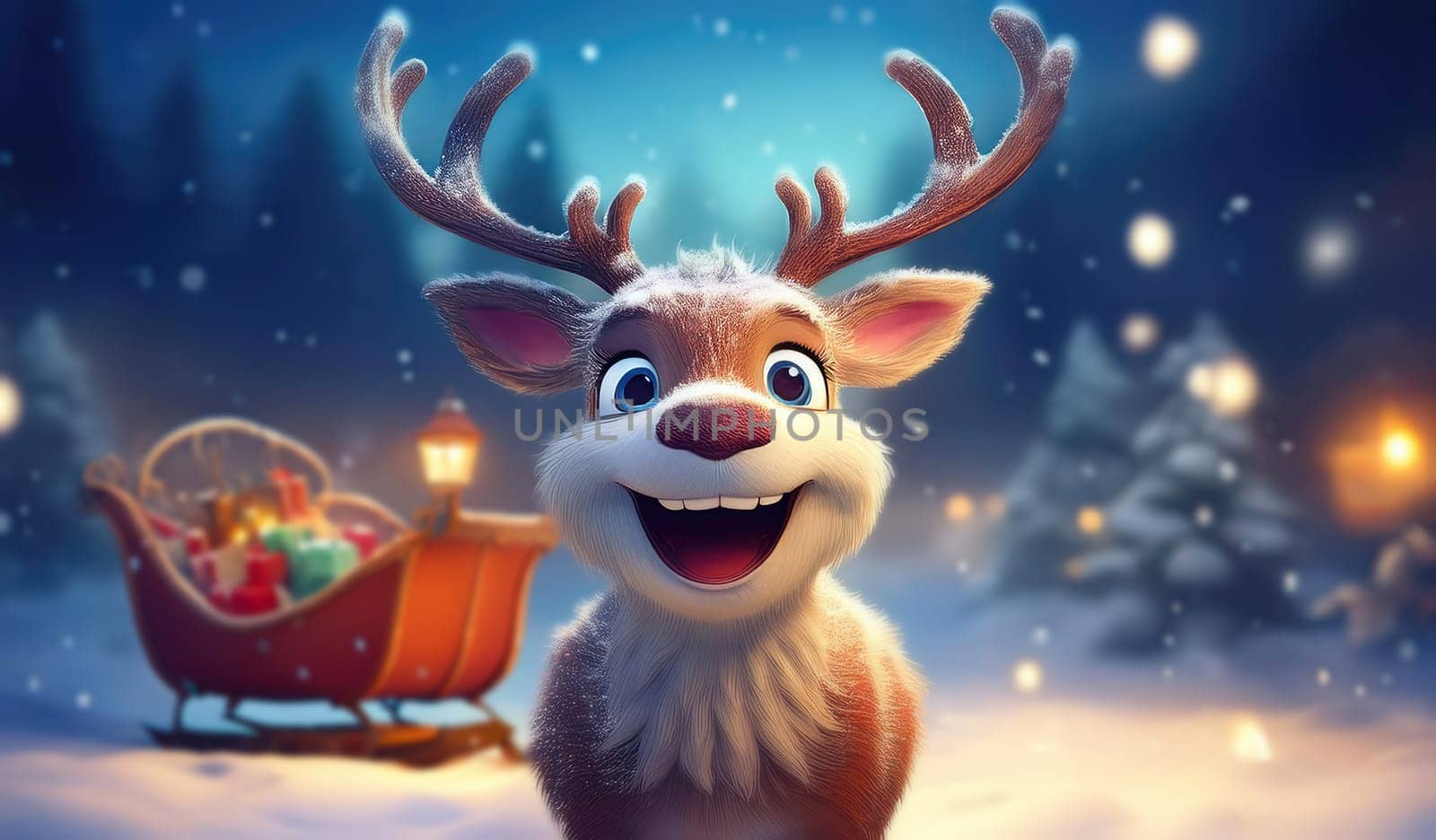 Happy reindeer cartoon character plays excited in the snow next to Santa Claus sledge. Christmas Eve night atmosphere of winter holidays