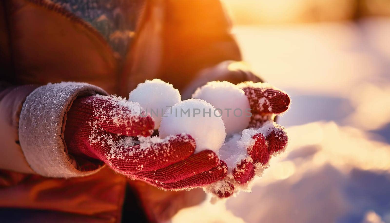 Closeup child hands holding snowballs as plays outdoors in the snow. Snowy season funny winter games