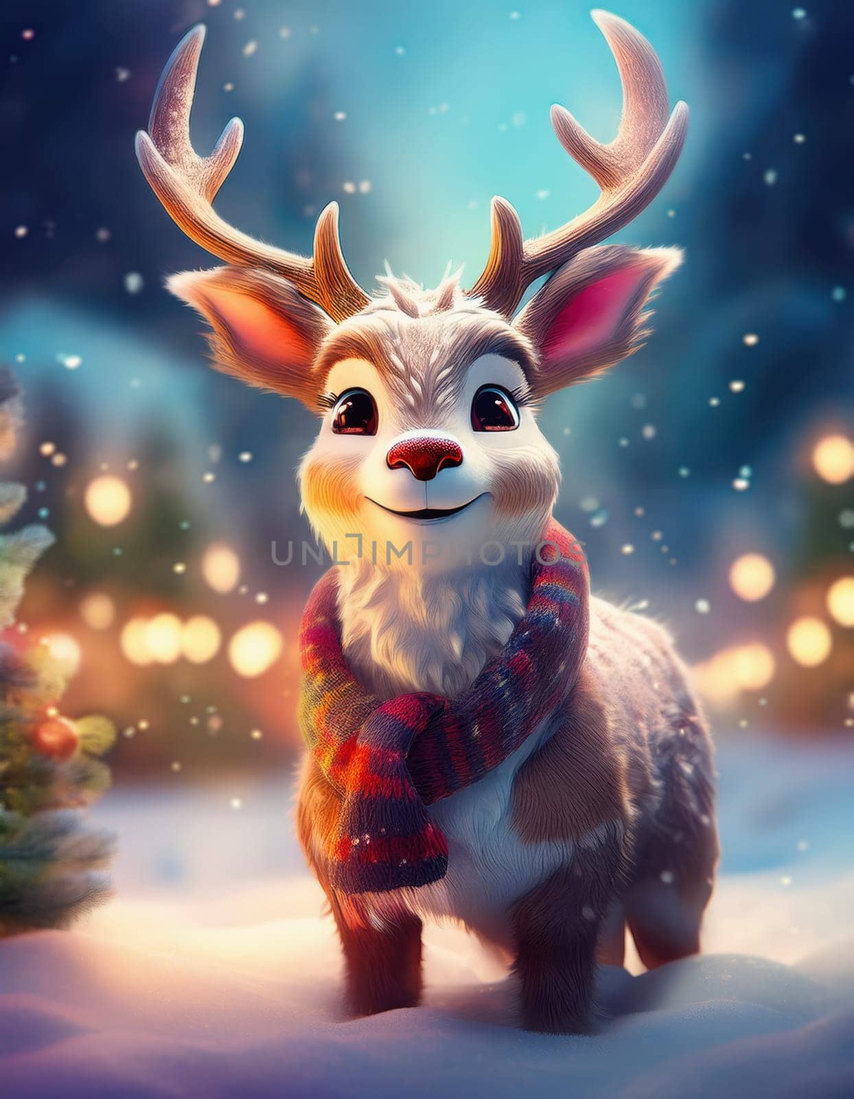 Rudolph the red nose reindeer cartoon character wearing scarf. Magical winter deer outdoors in the snowy Lapland next to Christmas tree in the Eve night