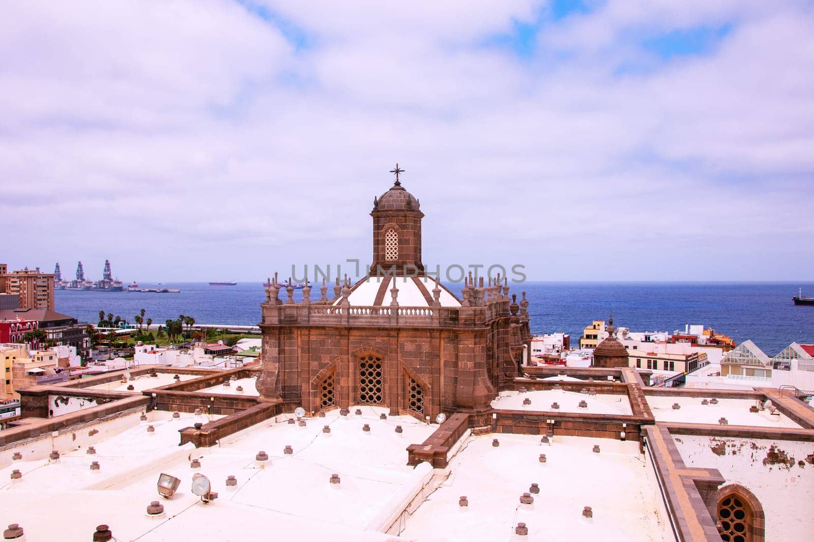 Gran Canaria, Spain, Canary Islands. View of the Santa Ana Cathedral, of the city of Las Palmas, to the harbor and the sea from the belltower of the Cathedral.