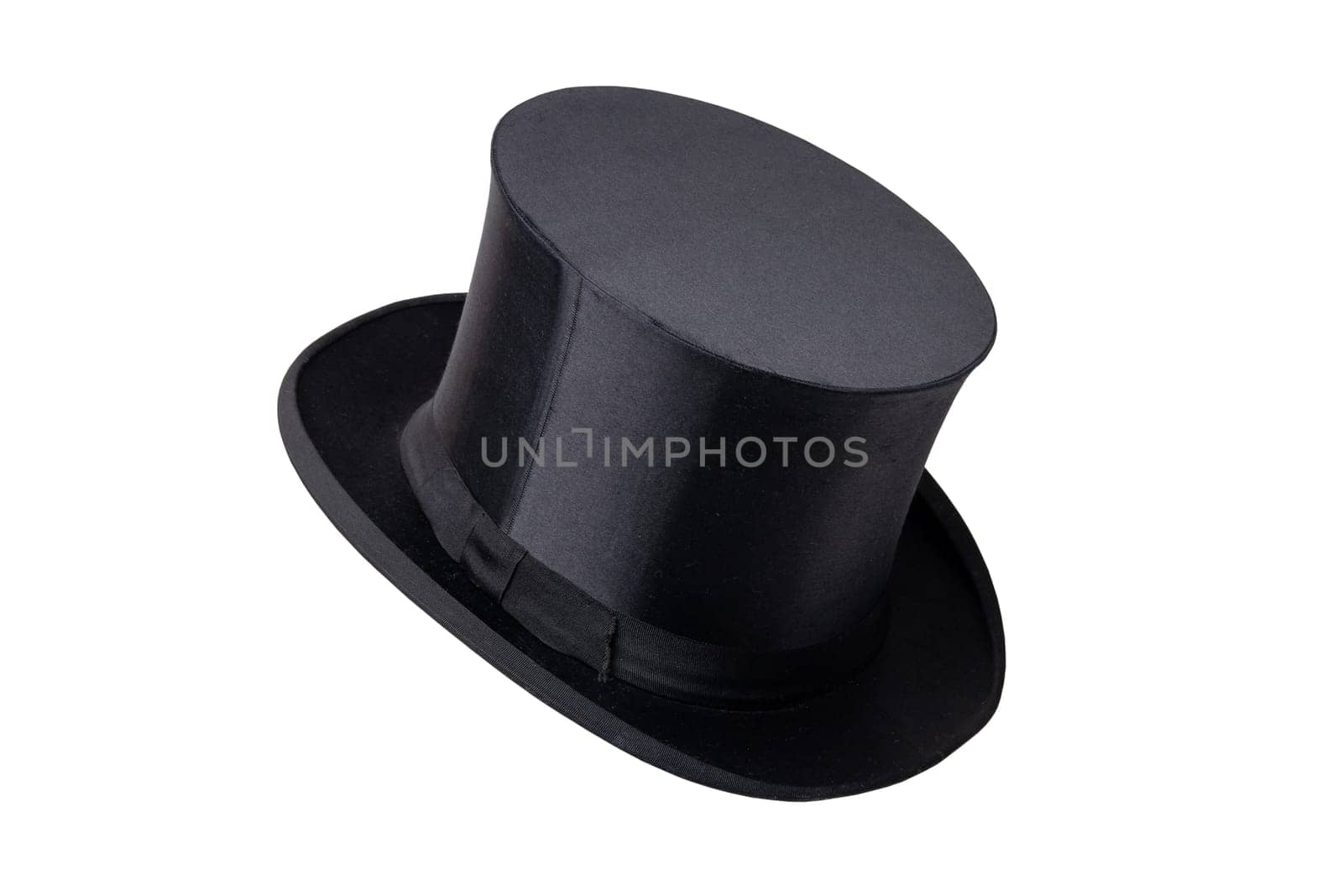 Chapeau claque. Antique black top hat. Old top hat. Folding cylinder. Cylinder hat isolated on a white background. Vintage men fashion. Clipping path.