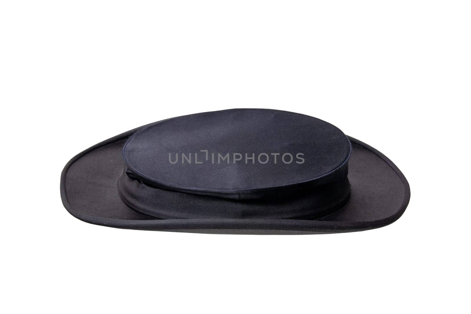 Chapeau claque. Antique black top hat. Old top hat. Folding cylinder. Cylinder hat isolated on a white background. Vintage men fashion. Clipping path.