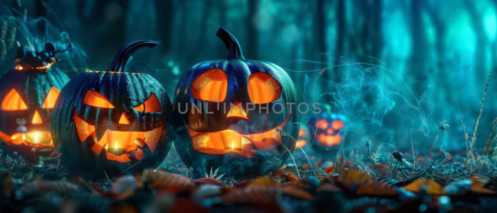 In a misty forest at Halloween, carved pumpkins with glowing faces cast an eerie light. Leaves cover the ground, enhancing the haunting atmosphere of the celebration.