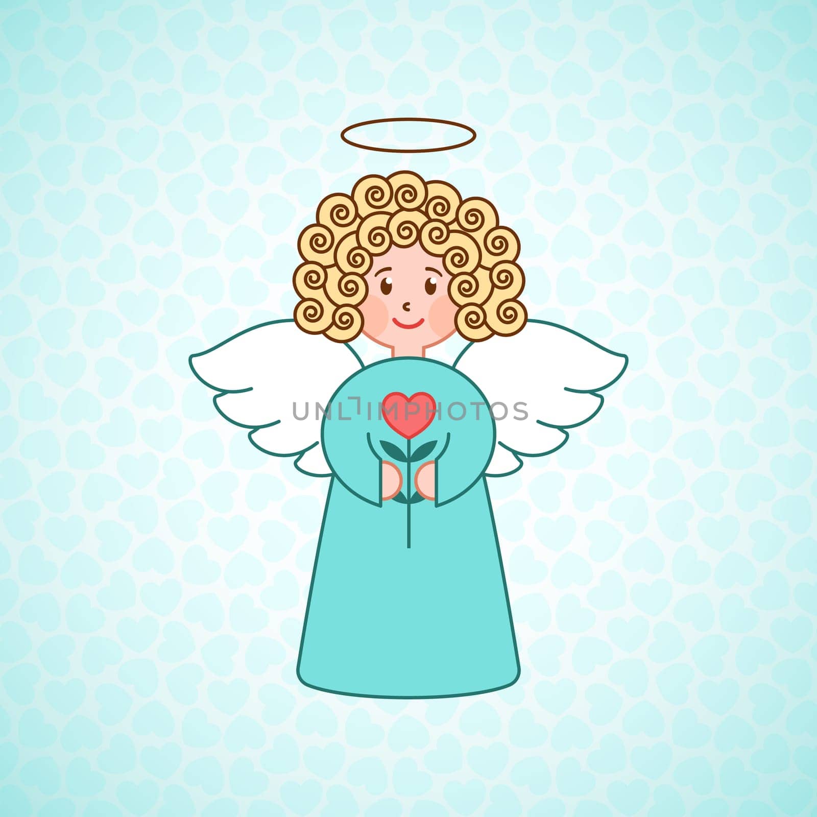 Doodle angel with a heart. Cute girl with wings. Romantic greeting card. Graphic design element for wedding and baby shower invitation, Valentines Day card. Cartoon angel with flower.