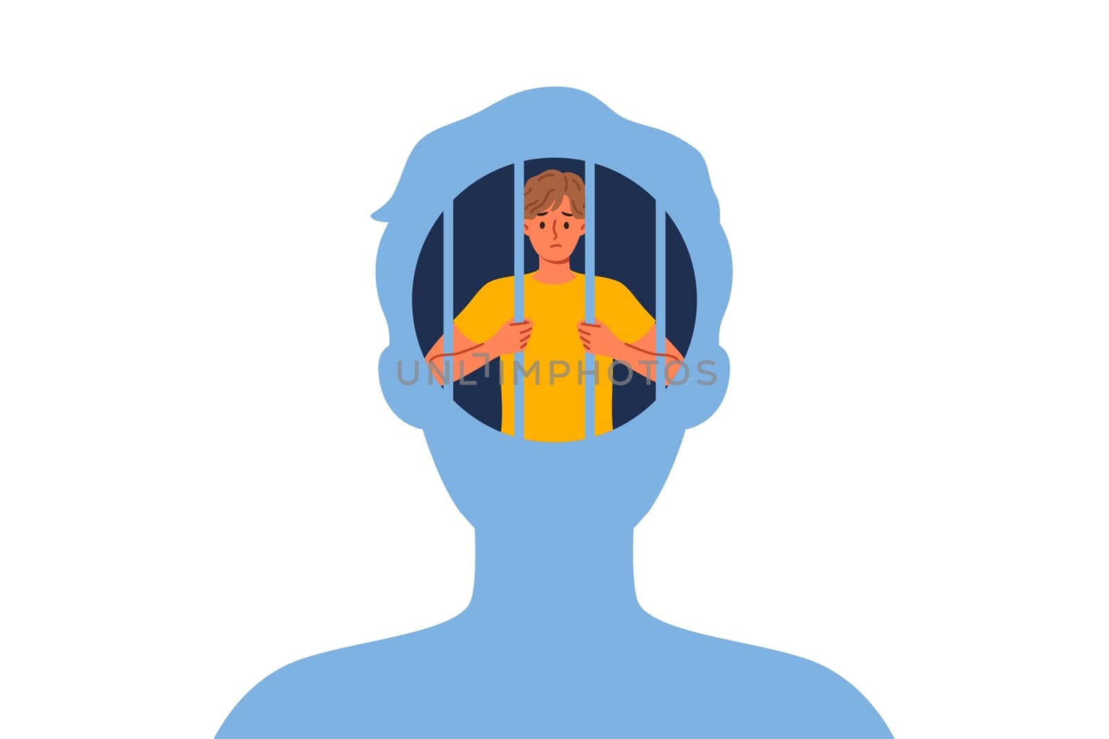 Man hostage to own psychological trauma, sits in prison inside head and needs psychotherapist. Guy with psychological trauma experiences stress and melancholy due to unwillingness to fight for success