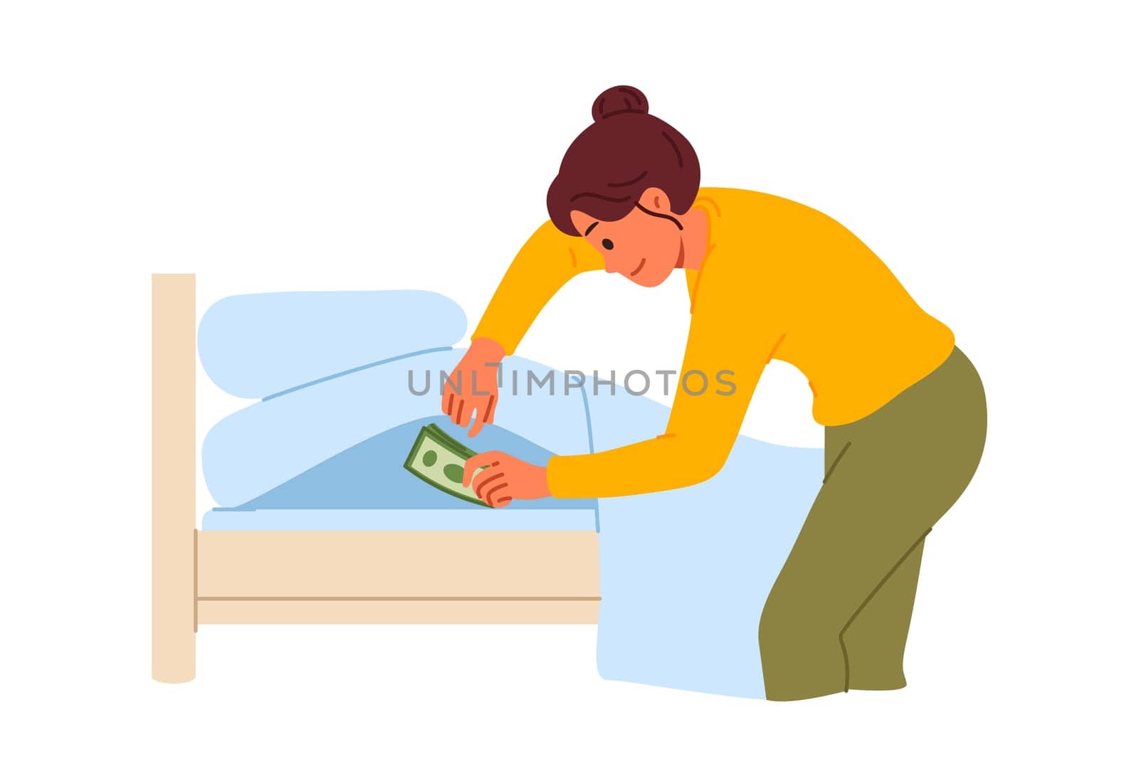 Woman makes stash under mattress, trying to save money from theft and crisis inflation. Girl does not trust banks due to financial illiteracy, using stash in bedroom in own apartment