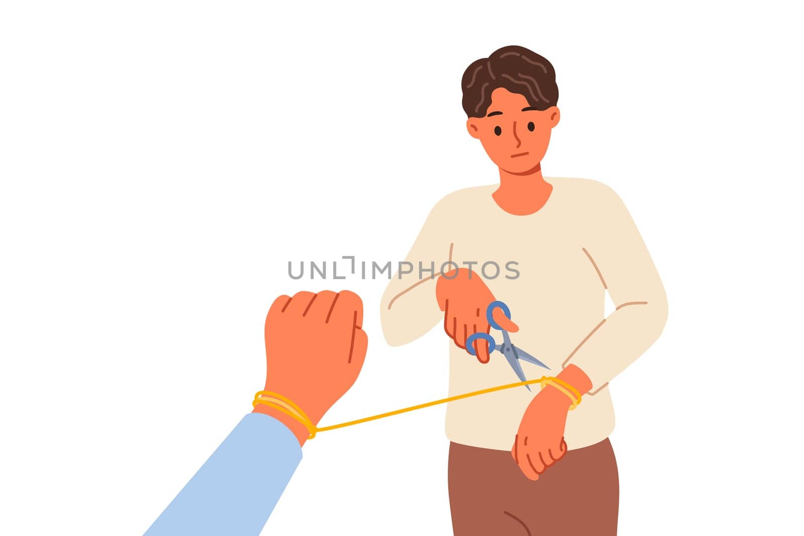 Man breaking up with woman and cuts rope on hand, due to lack of love after betrayal. Breaking up with girlfriend after toxic relationship that negatively affects psychological health
