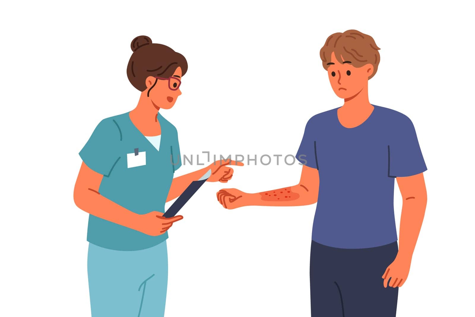 Man with allergy seen by doctor examining rash and redness of skin caused by influence of allergen. Guy with allergy to plant pollen or animal fur consults therapist talking about treatment methods