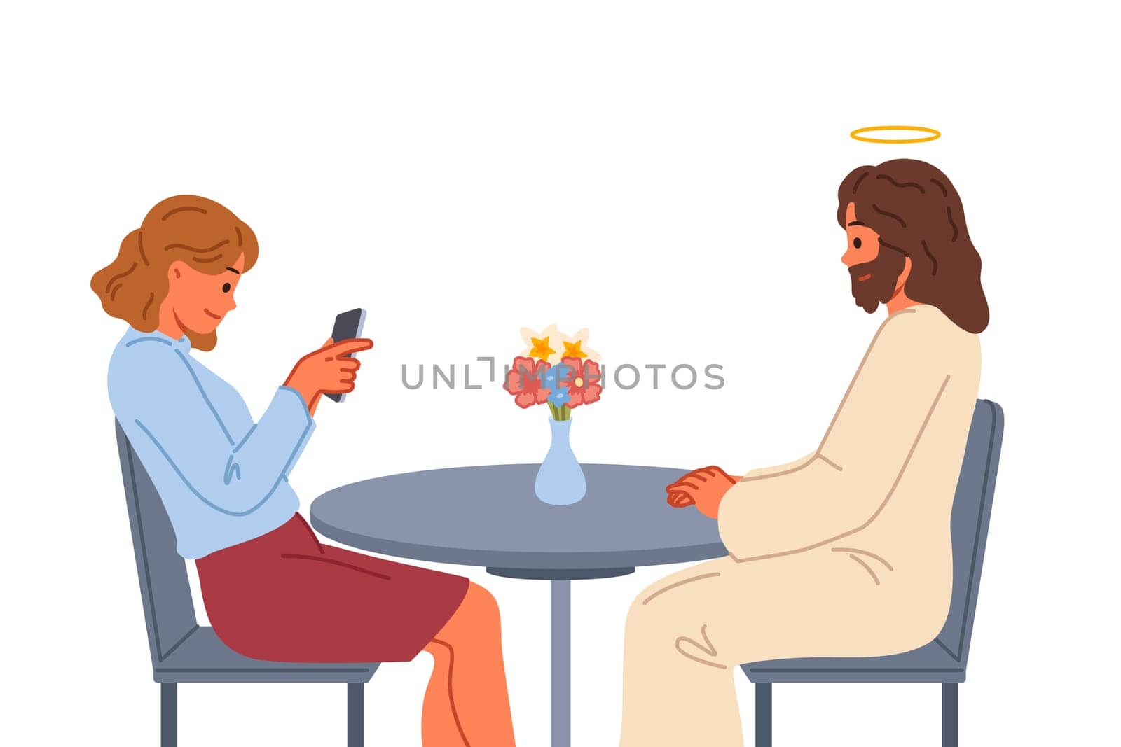 Jesus christ sits at table near woman with mobile phone, as metaphor for presence of god nearby. Jesus christ helps girl who believes in christian religion, saving from rash actions