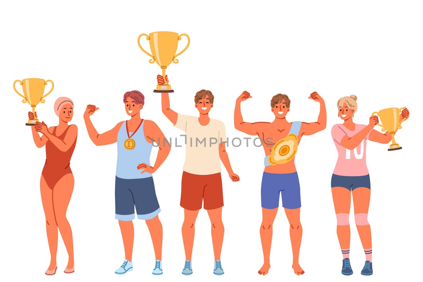 Several athletes with gold cups and medals boast of achievements and trophies received at international olympics. Successful sportsmen with trophies for winning team running or swimming tournament