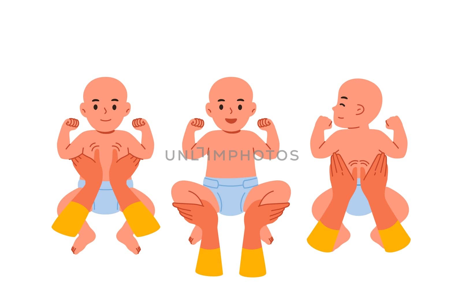 Children massage for baby from chiropractor who helps newborn get rid of spinal curvature. Hands of pediatrician doing baby massage to prevent osteochondrosis and improve immunity.