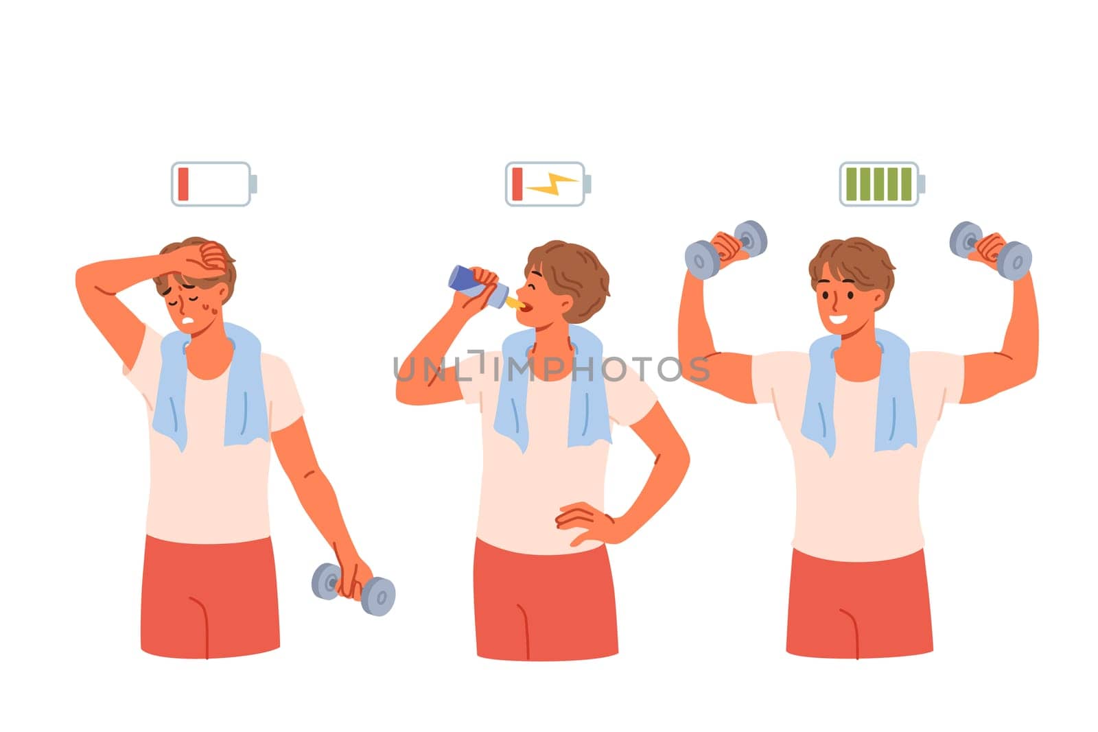 Exhausted athlete drinks energy drink and lifts heavy dumbbells, thanks to effectiveness of taurine. Tired guy working out in fitness club using energy drink to replenish strength.
