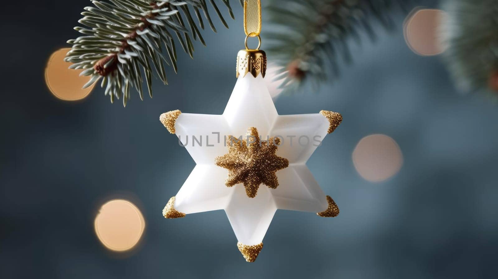 White star on the background of green pine branches, Christmas tree decoration. Copy Space
