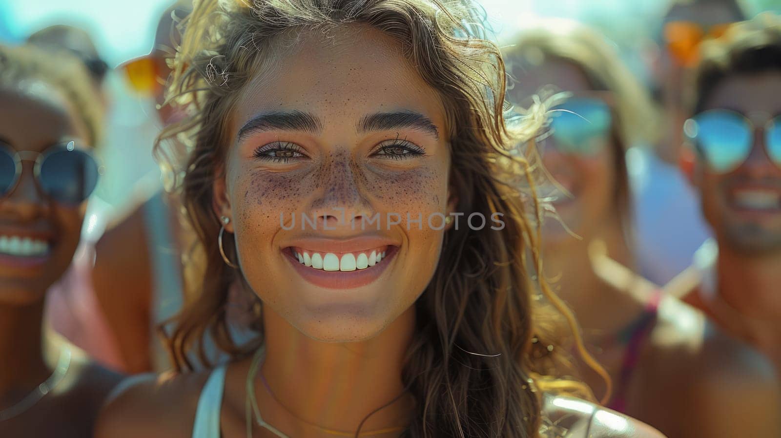 Portrait of a young woman watching a match with spectators on a tennis court background