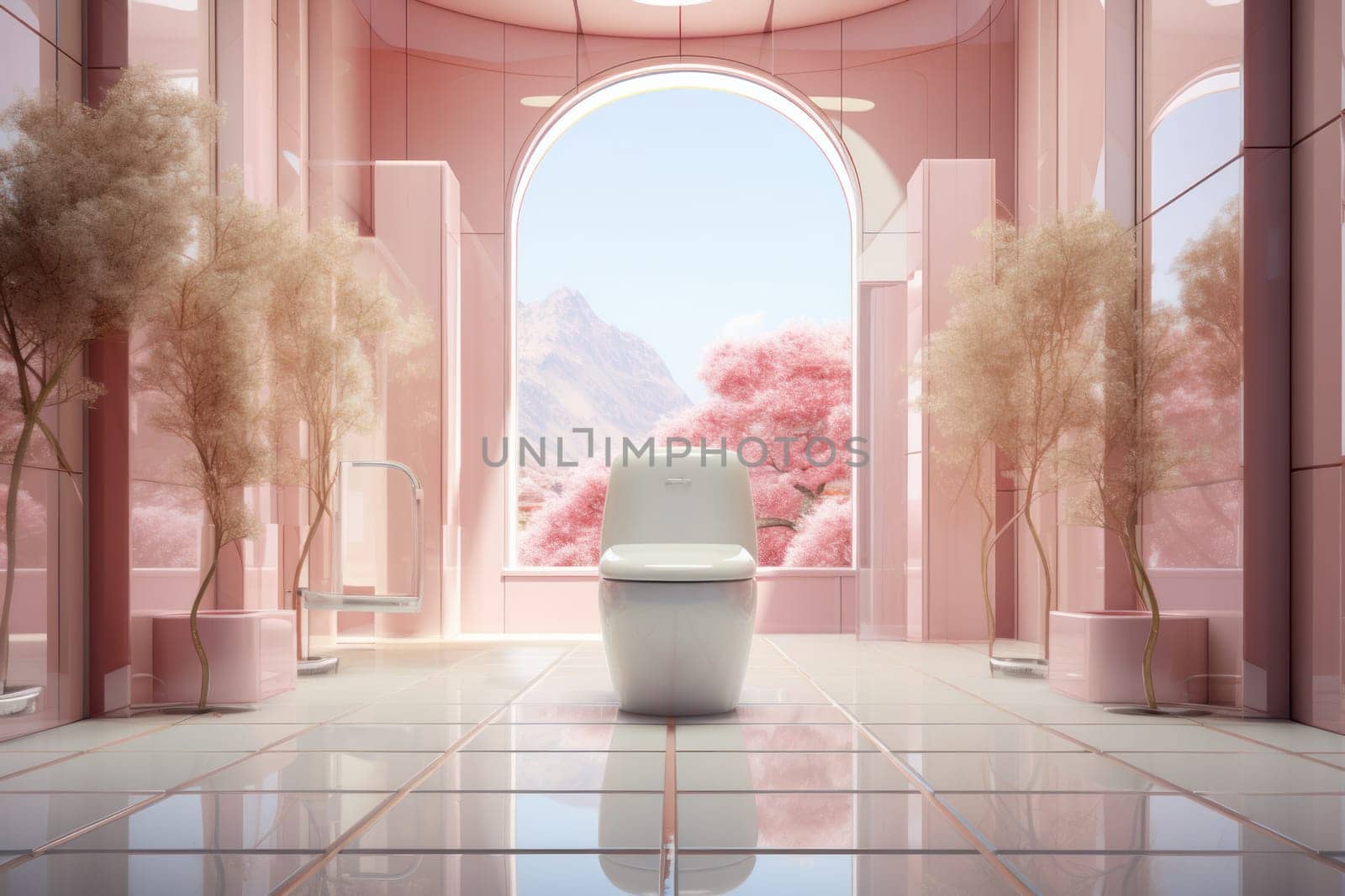Architectural pink space with a toilet in the middle of the room, white tile flooring, with trees in pots and pink clouds outside the window. Bright arches in the wall overlooking the pink mountains