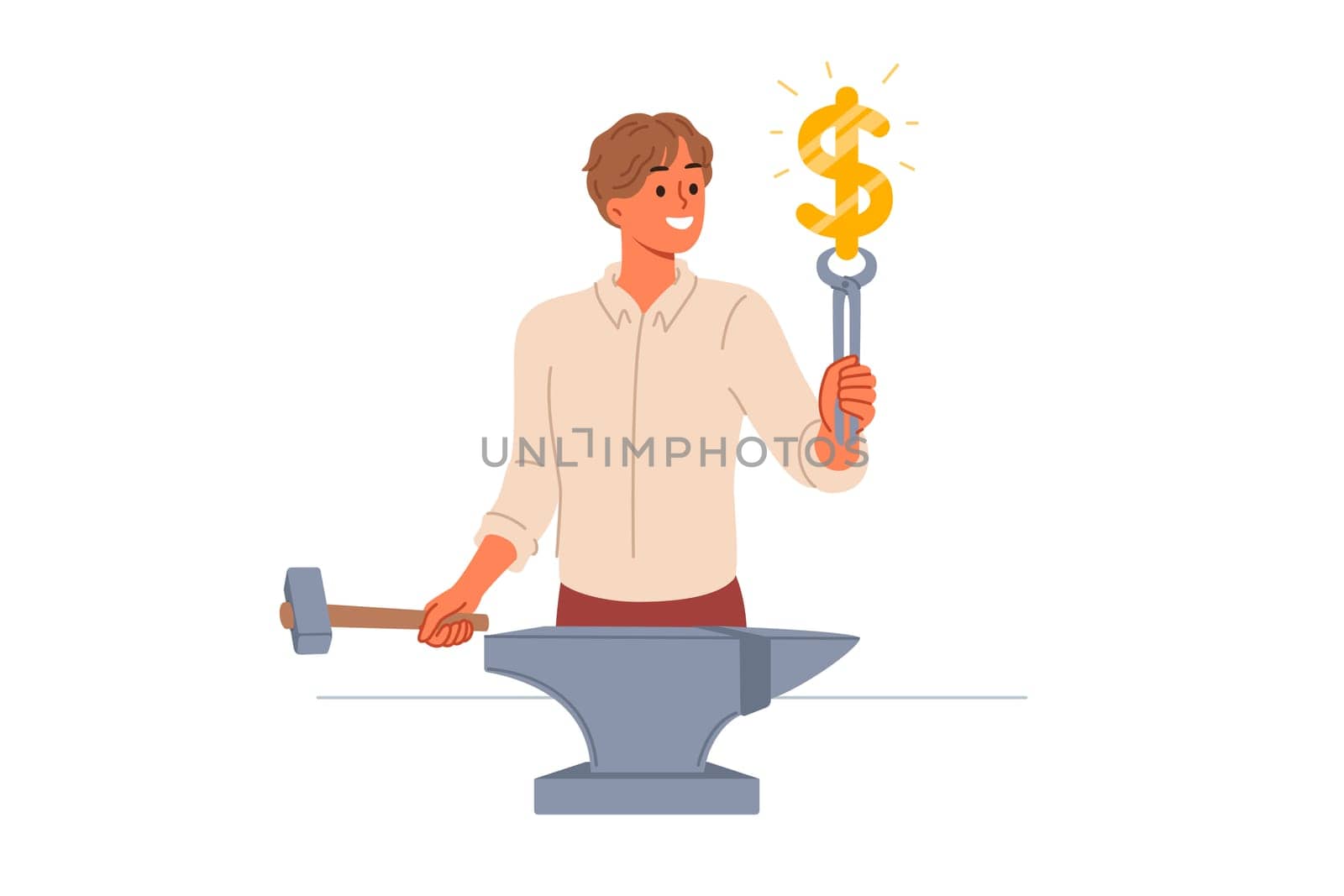 Business man doing money making, using anvil and hammer to produce dollar symbol. Guy demonstrates money making skills, thanks to professional analysis and cool ideas that bring profit
