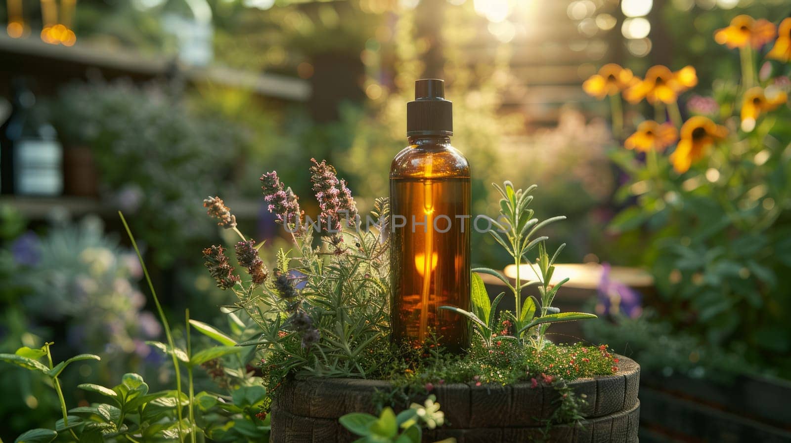 Bottle of essential oil and lavender flowers on a white wooden table in the field. Liquid in an elegant dark bottle, perfect for placing the inscription, surrounded by fresh herbs.