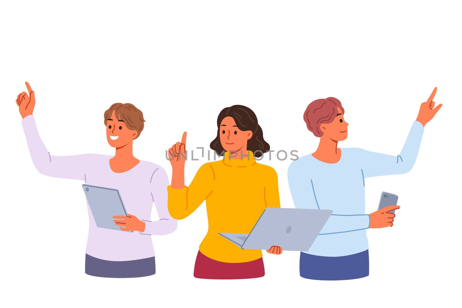 Team of freelancers with gadgets, working together on complex project, stretching out hands to virtual screens. Freelancers use modern technologies to fulfill orders from online clients