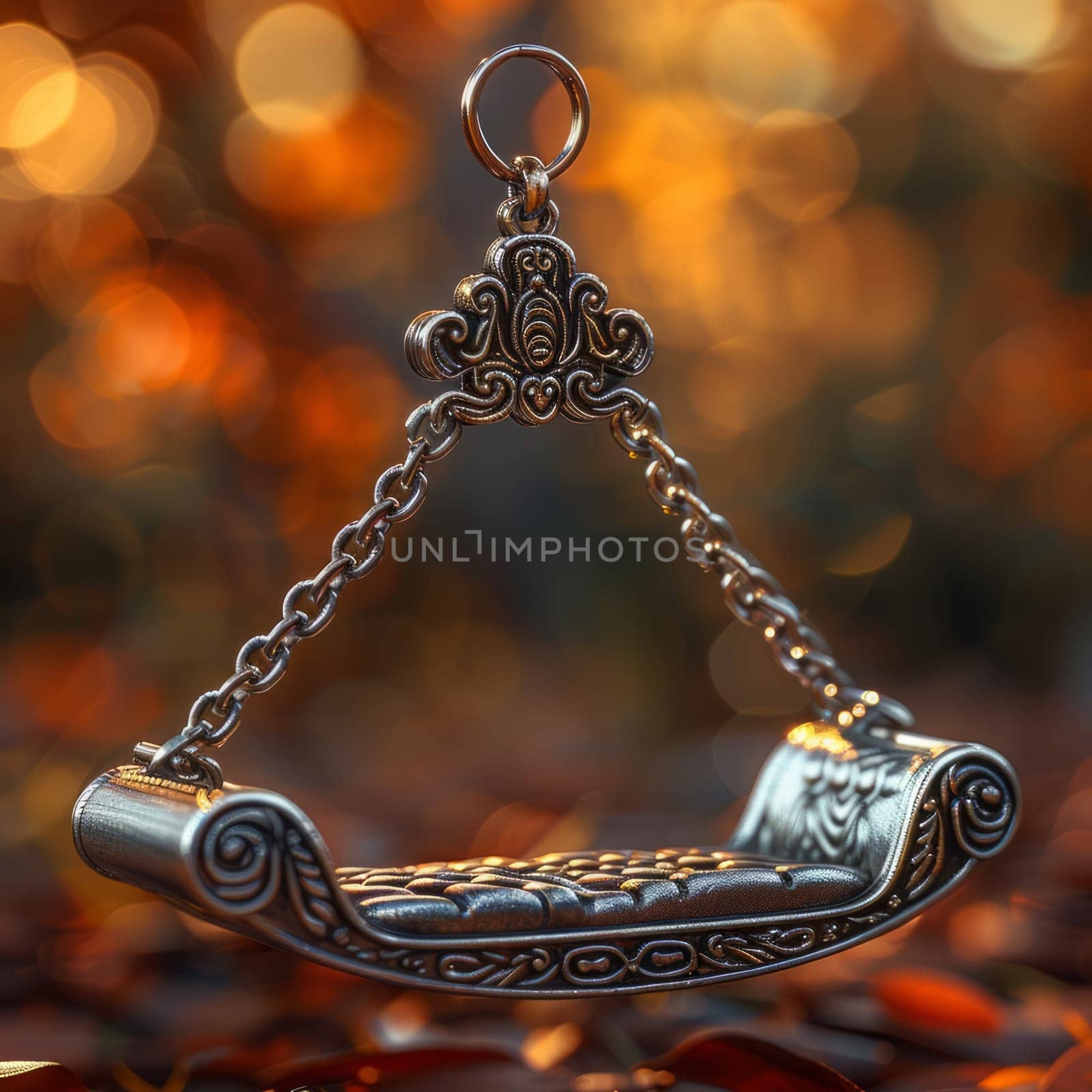 An ornate metal bench pendant with intricate designs suspended from a chain against a warm, softly lit background creating an elegant and vintage aesthetic. copy space.