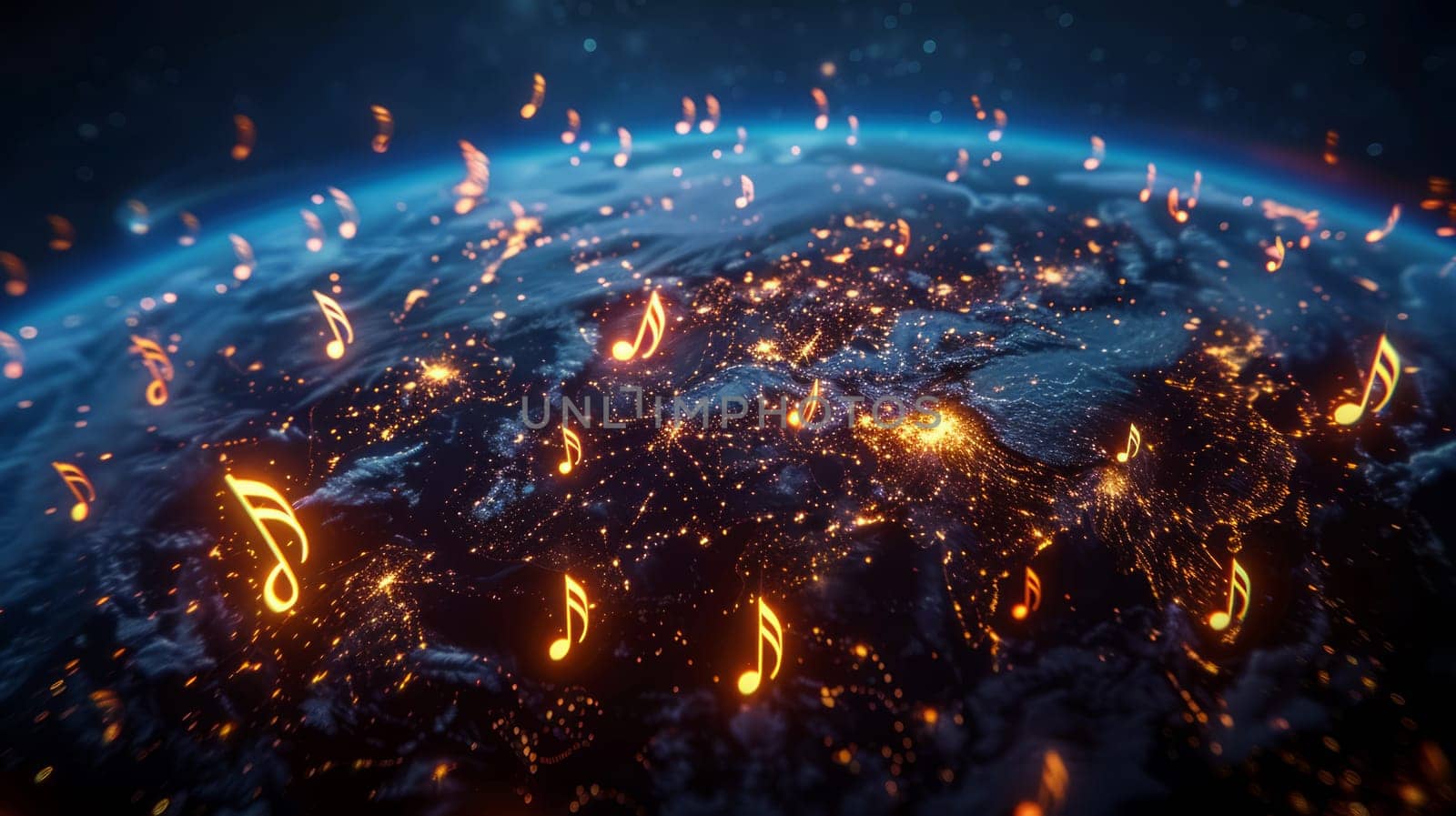 A globe of the Earth with glowing musical notes all around. Earth in space orbiting a glowing musical staff with sheet music, view from space