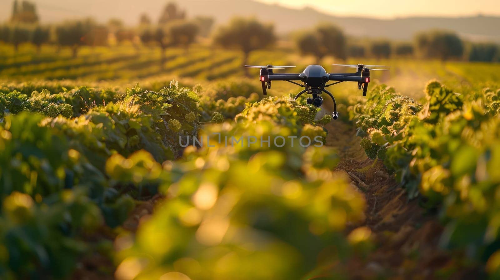 A drone flies over the field, collecting data, a concept of agriculture and advanced technology. Copy a space
