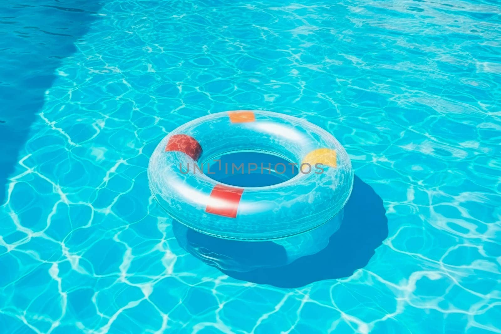 Blue rubber float ring in a refreshing blue pool. The concept of vacation and leisure.copy space