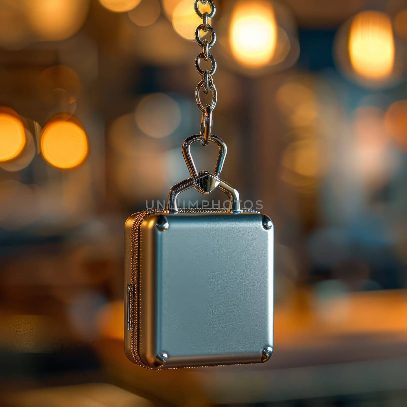 Smooth metal keychain suitcase on blurred illumination background, travel concept