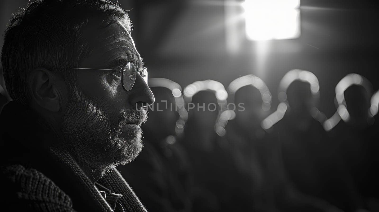 Black and white image of a serious and focused elderly man wearing glasses with a group of people in the background.men in psychological support group