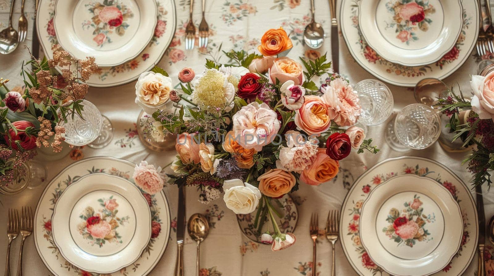 Elegant floral table setting with exquisite tableware. Copy space