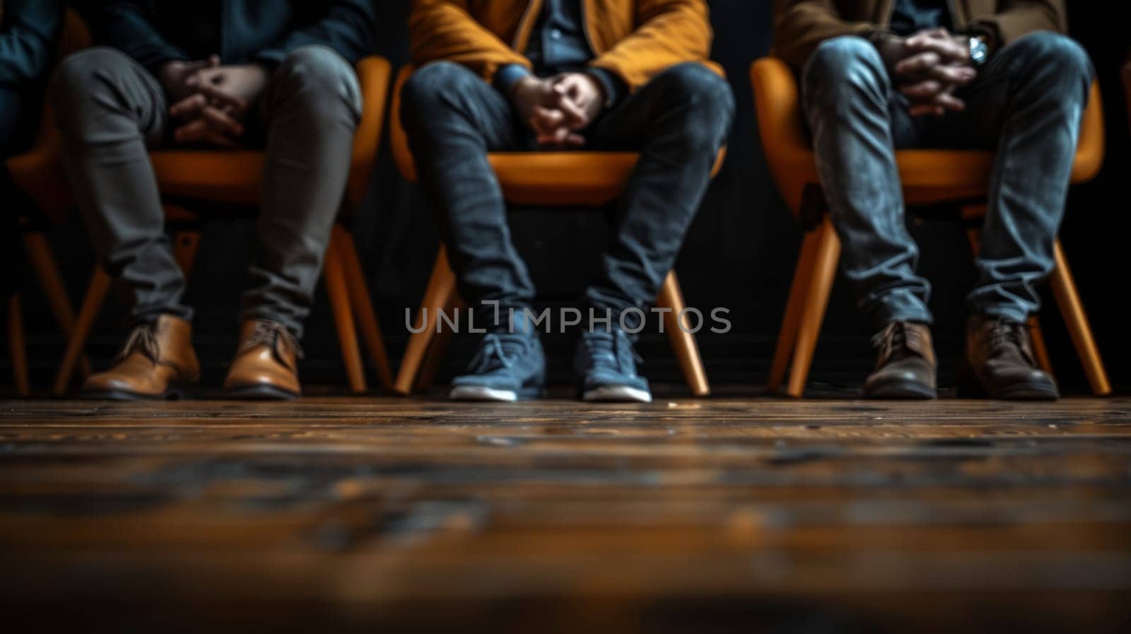 Legs of three men sitting on chairs, hands convey tension and anticipation, the concept of psychological support