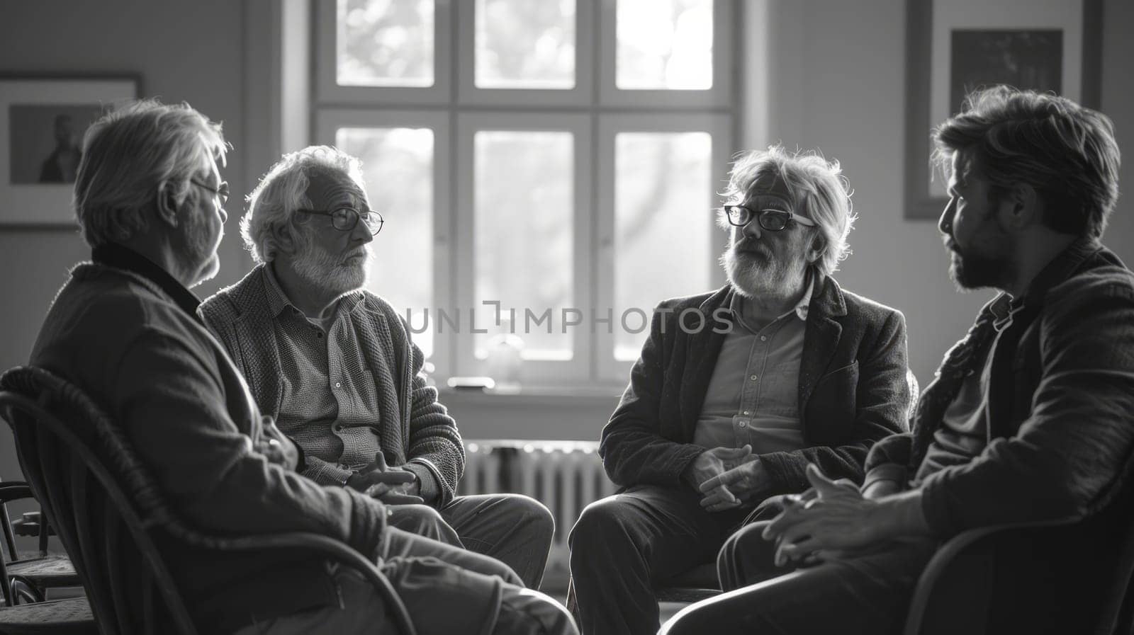 A black and white image of four elderly gray-haired men sitting on chairs arranged in a circle. The concept of psychological support groups for the older generation