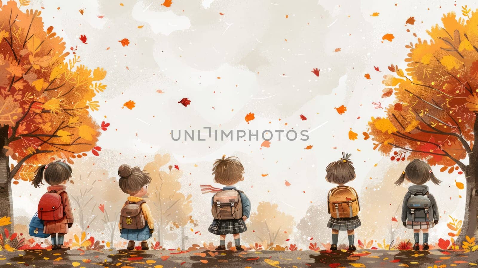 Five children in school uniform with backpacks standing in a yard strewn with autumn leaves.back to school, copy space