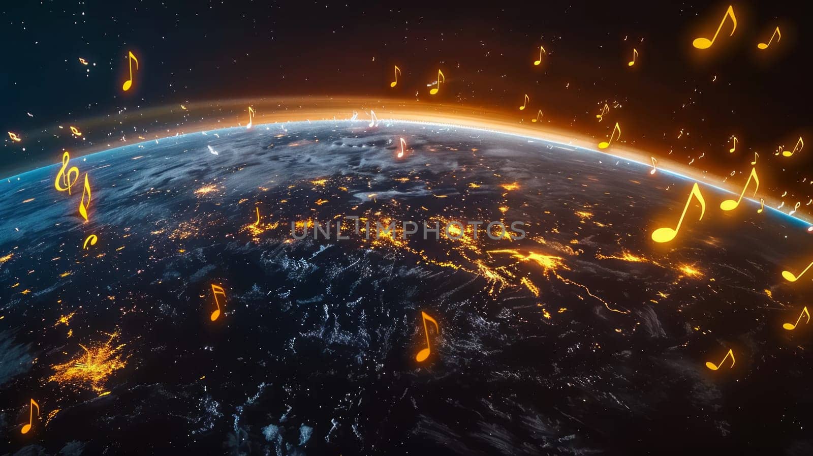 notes around the earth. On a dark background, the globe with rhythmic notes hovering above the planet, a beautiful banner for a musical performance and festival