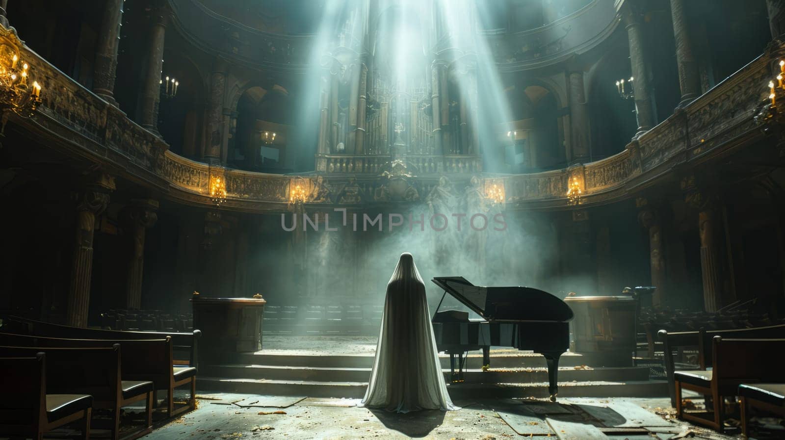 spotlights from above illuminate the faceless translucent ghost piano in the old theater.