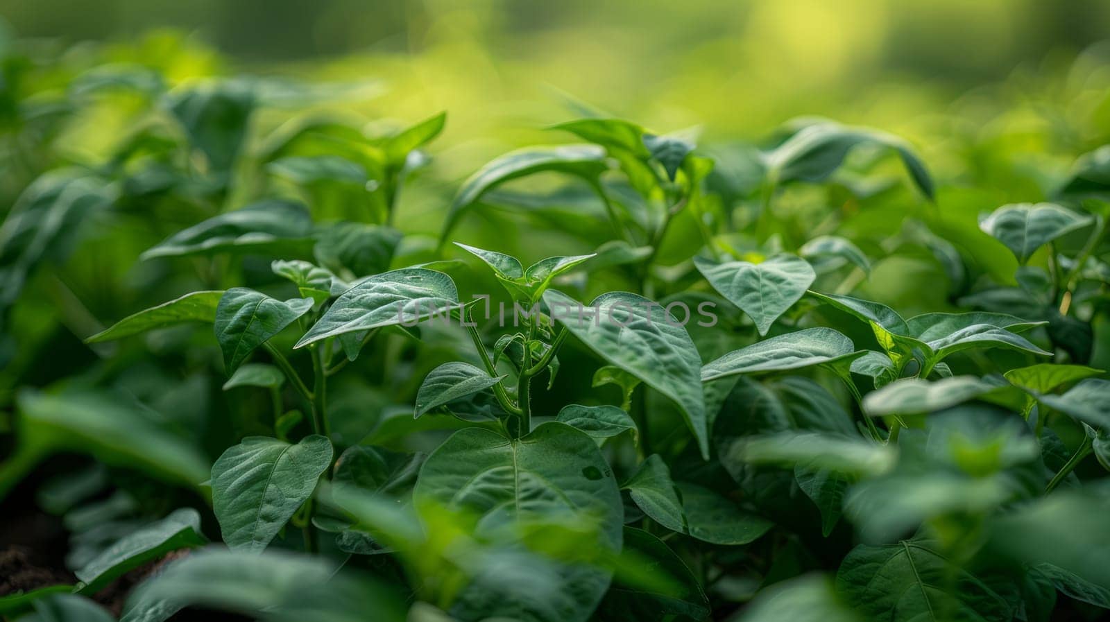 Close-up of fresh green basil plants, in soft morning sunlight. Copy space