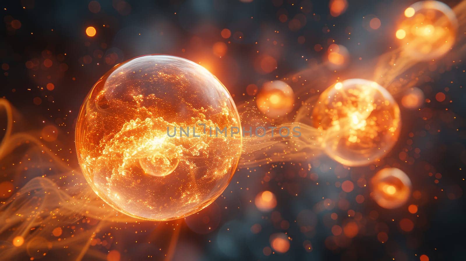 Transparent orange energy balls floating in the air, on a mystical and dark background