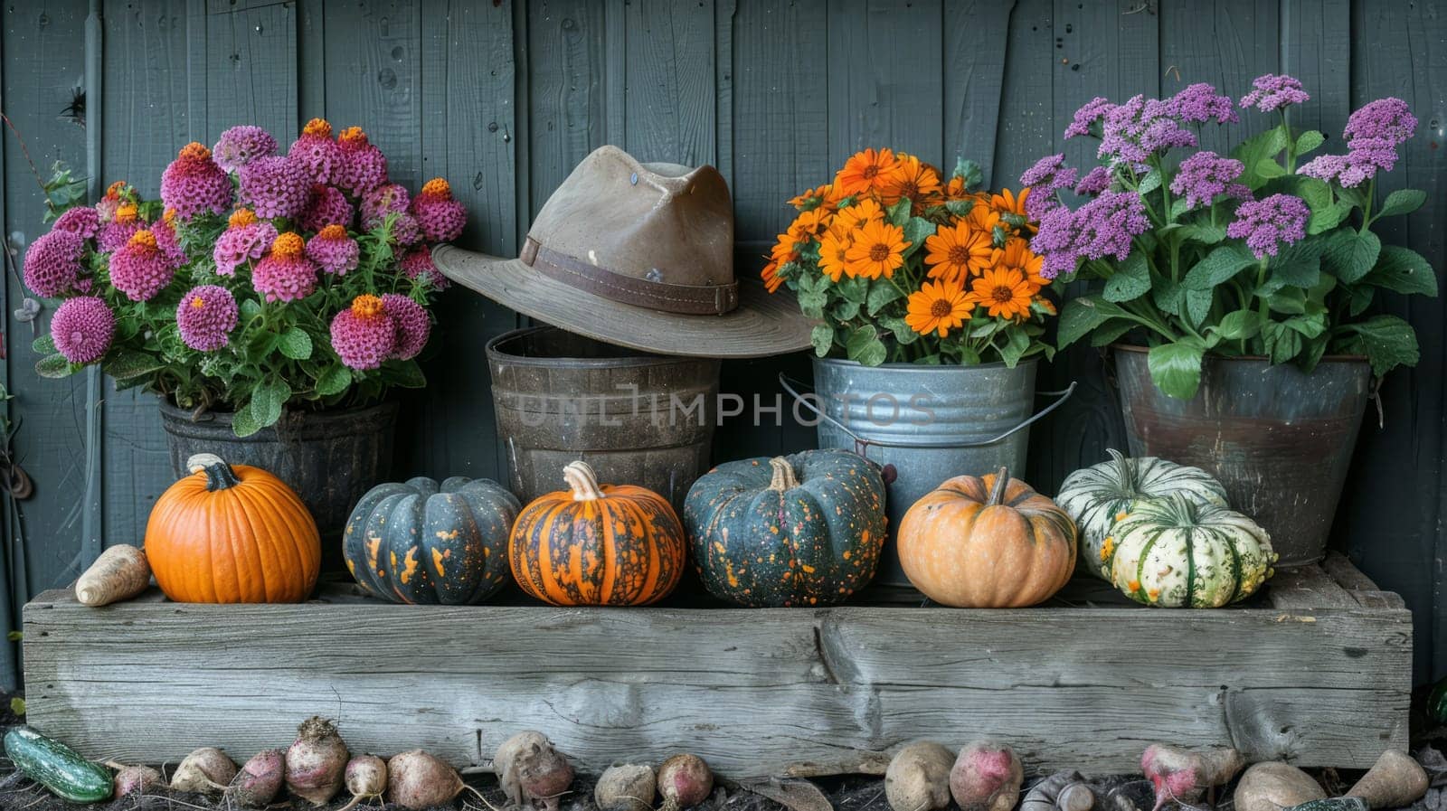 Pumpkins from the autumn harvest next to the farmer's hat and flowers