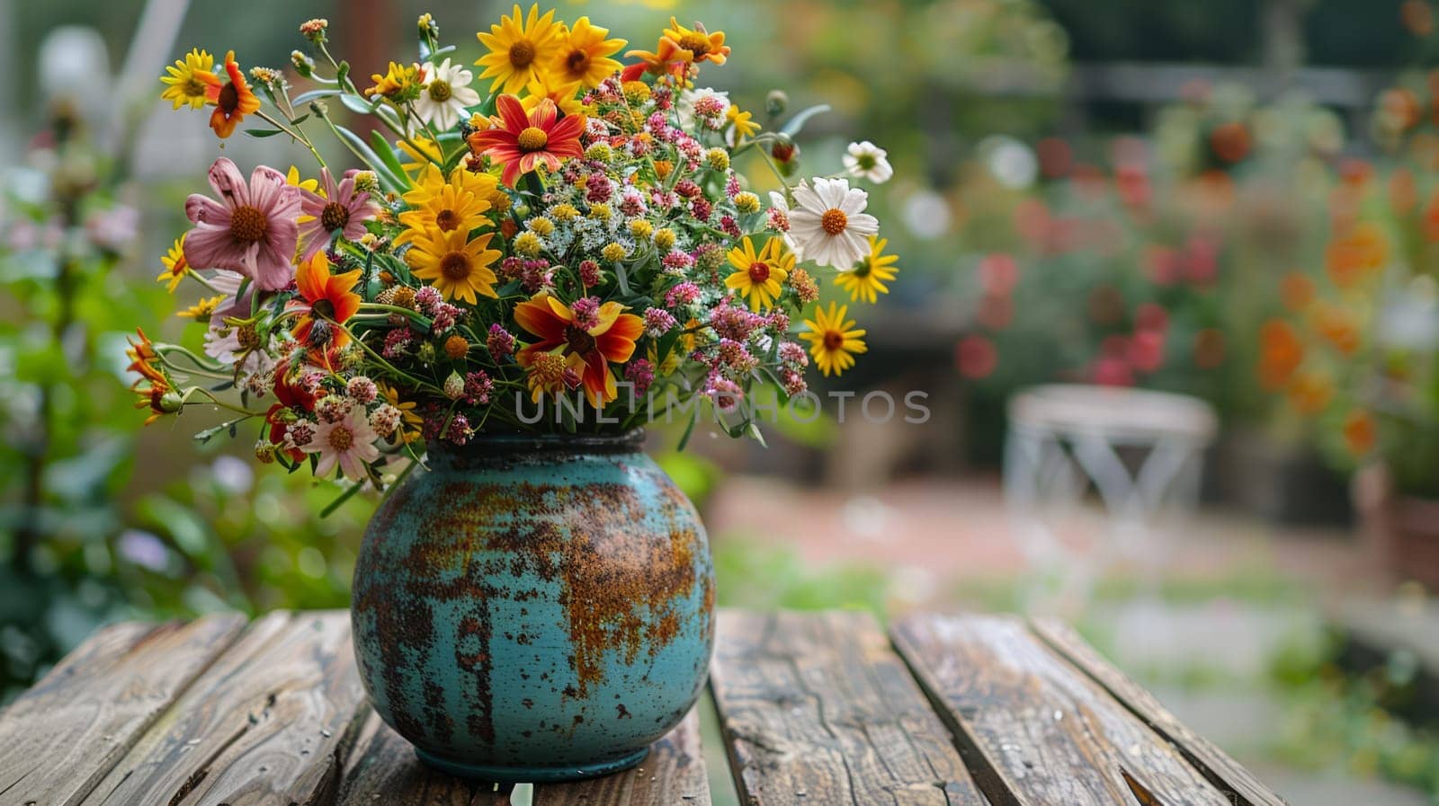 Adorable bouquet of wildflowers in a vintage vase on a wooden table in the garden against a background of softly blurred greenery and flowers. Copy space