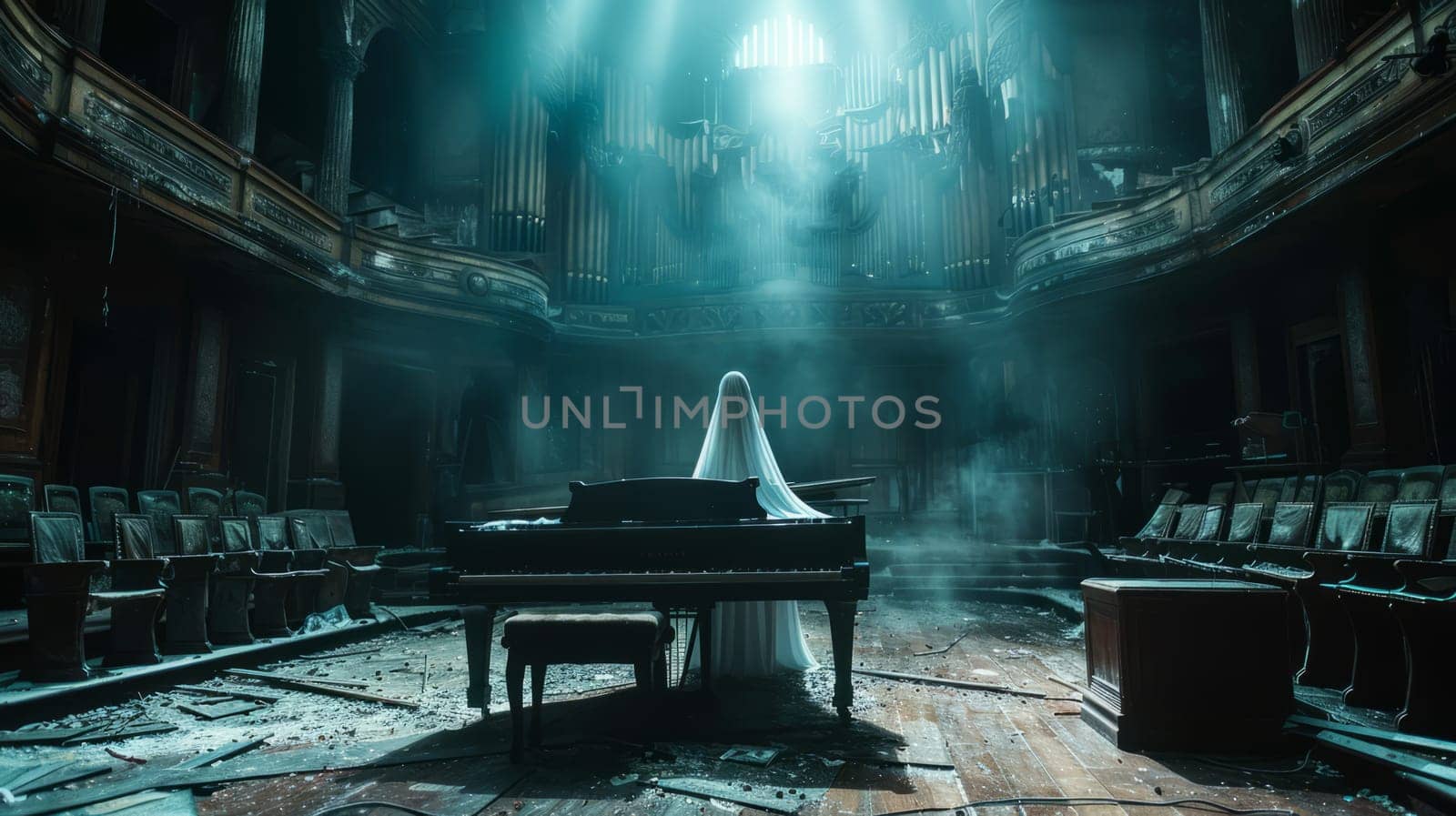A ghost in white hovers near the piano in the old theater - moonbeams penetrating through the window above.