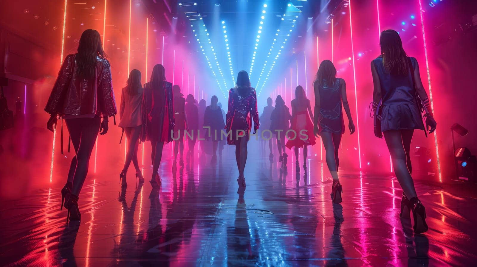Fashion show with elegant models walking down the catwalk in stunning outfits, bright lighting and chic modern stage design.
