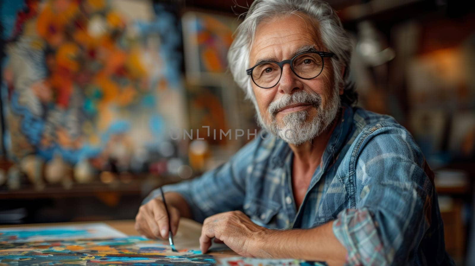 A middle-aged man participates in art therapy, draws and looks emotionally involved. In the background is an art studio with bright colors and artwork.