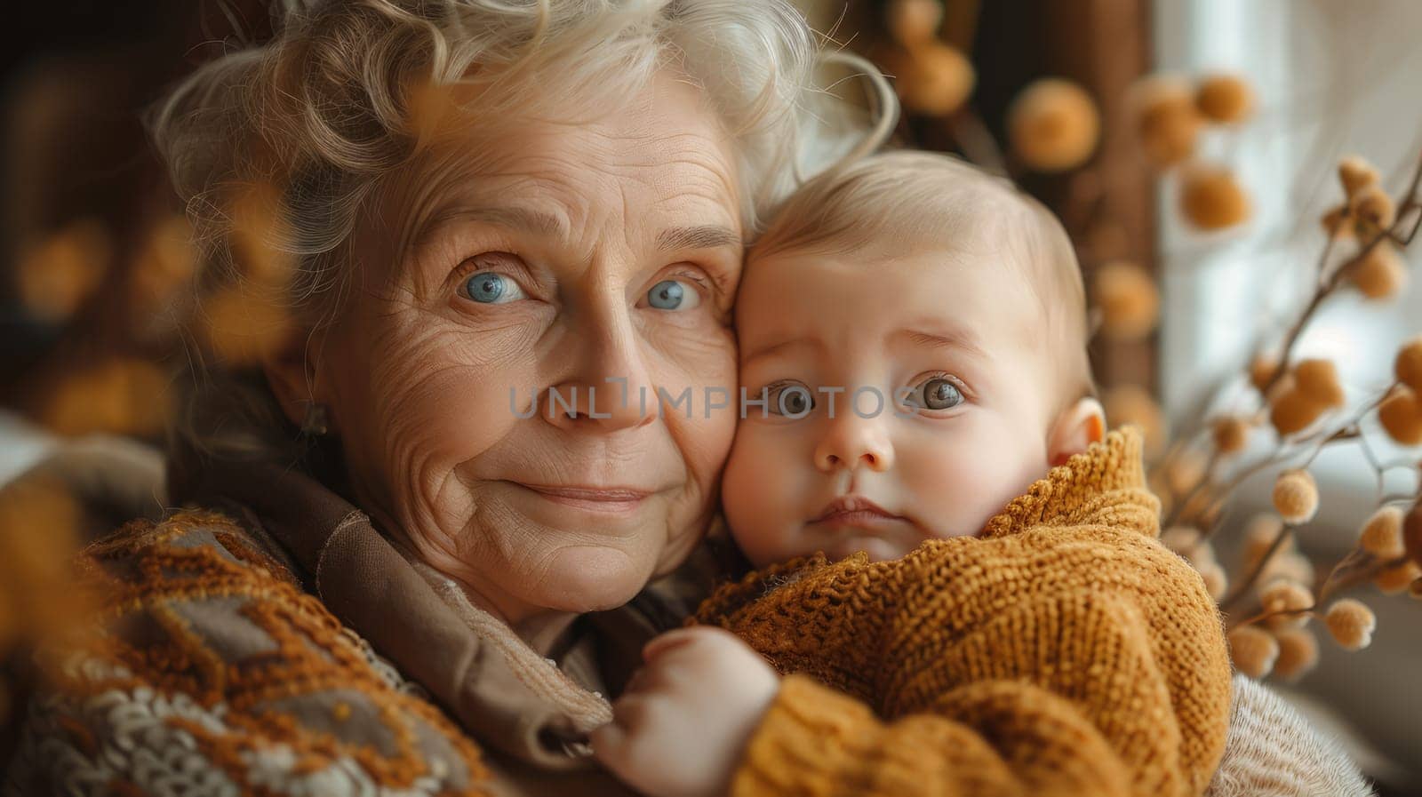 A great-grandmother holds her beloved grandson in her arms by the window.