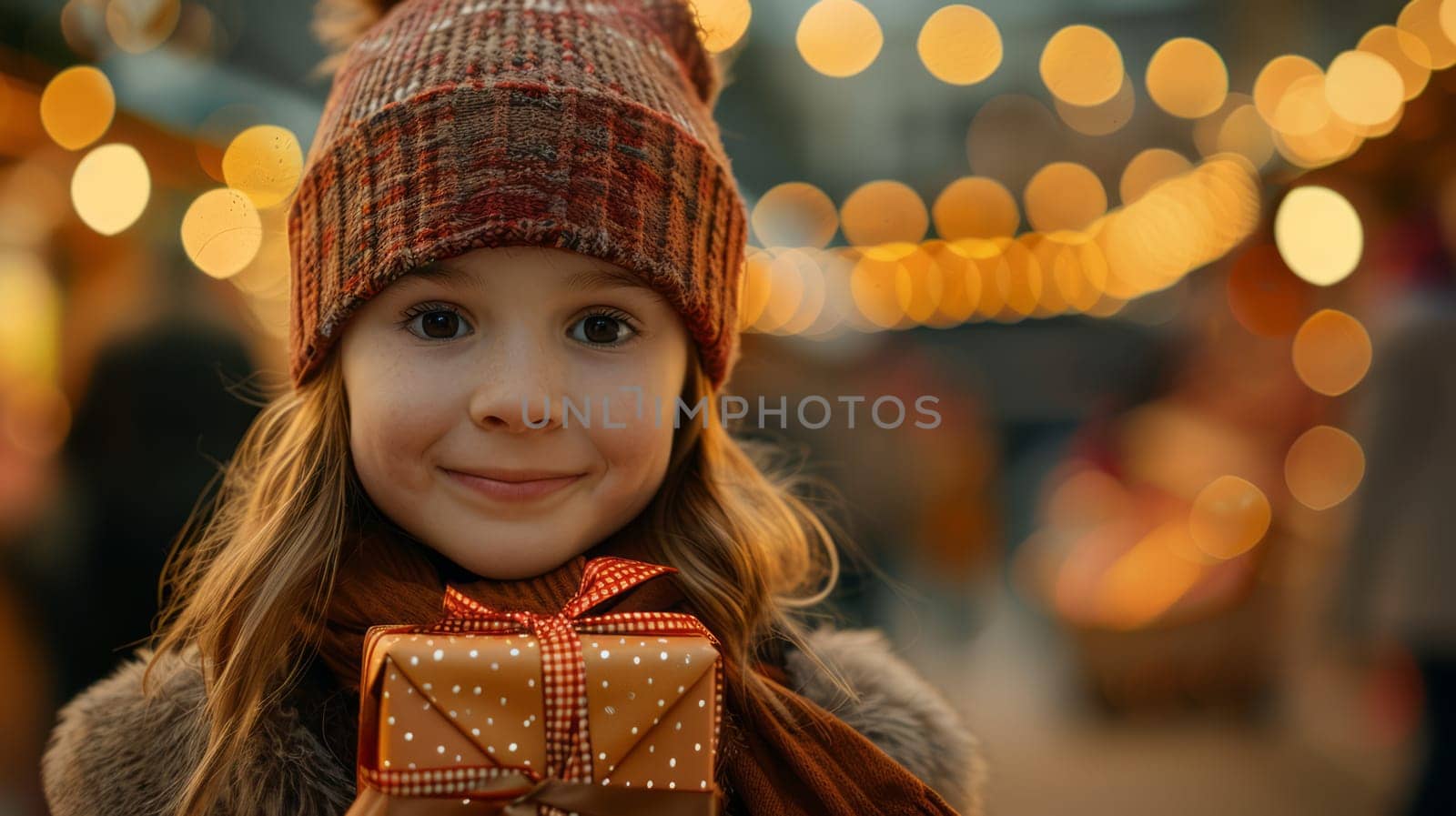 Close-up Young girl, warmly dressed in a hat and scarf, smiling while holding a wrapped Christmas present.
