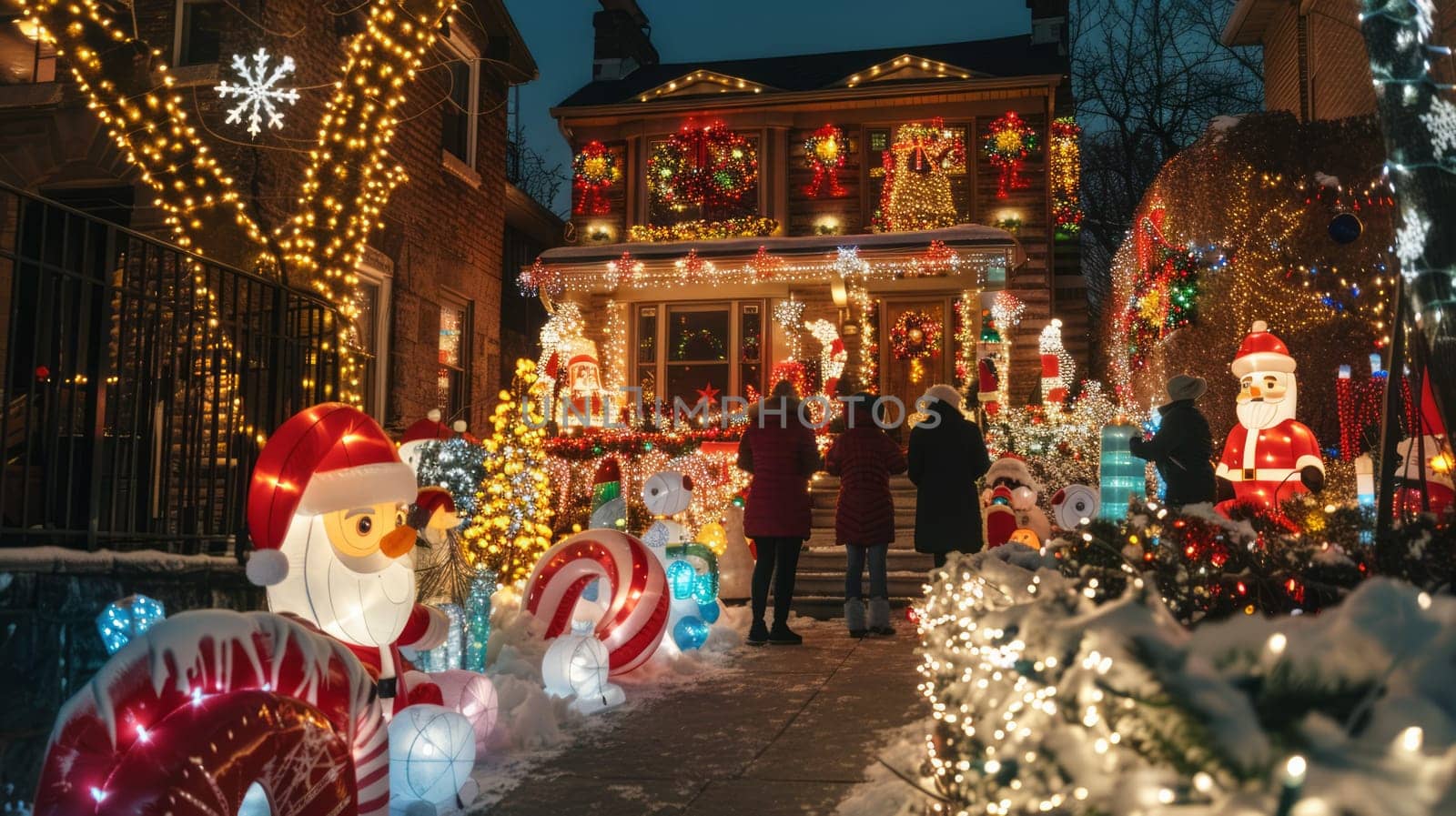 The family decorates their home with Christmas lights and inflatable figures, creating a festive scene.