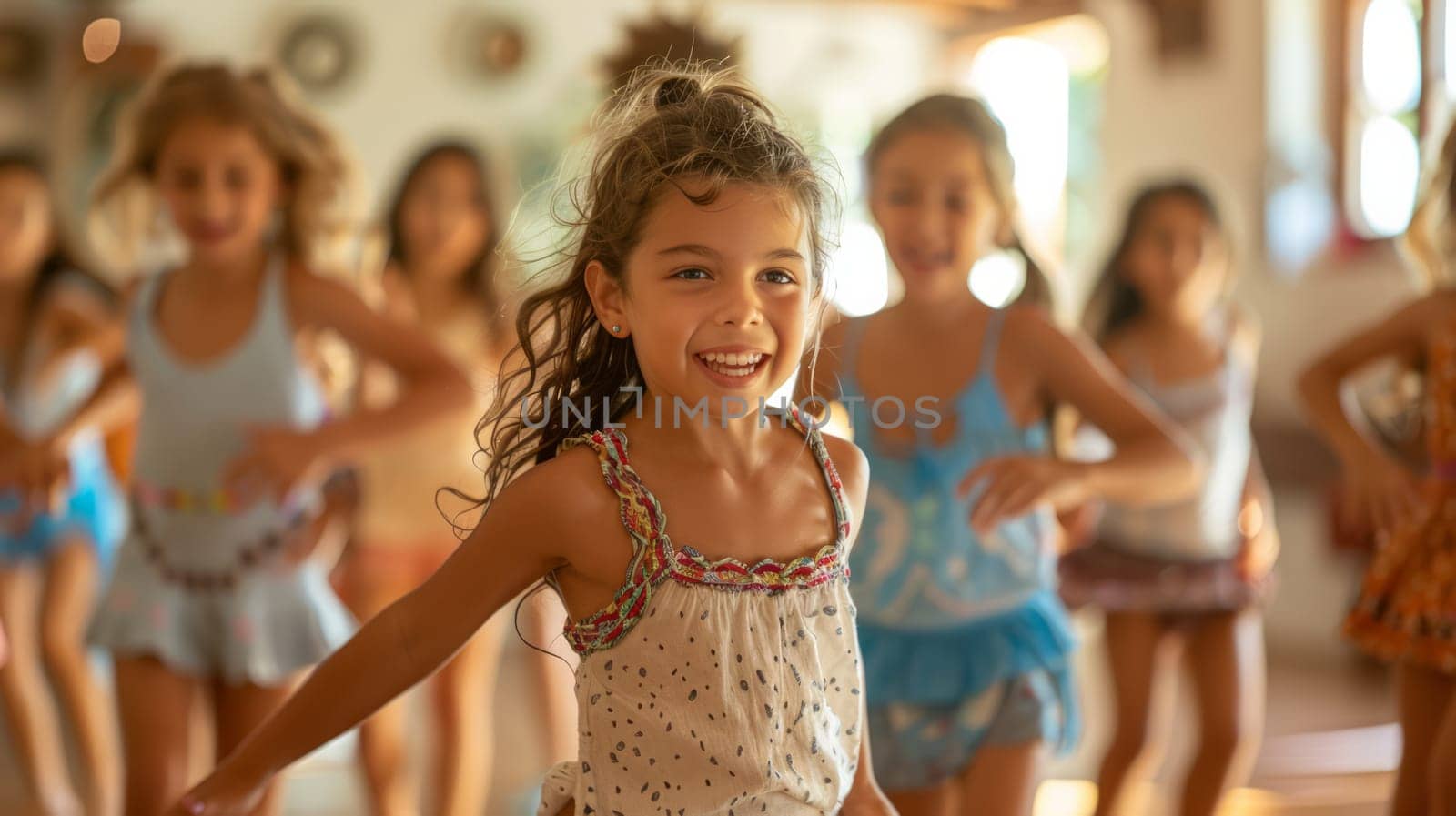Children are happily dancing at school. Bright colors and their happy faces convey positive energy